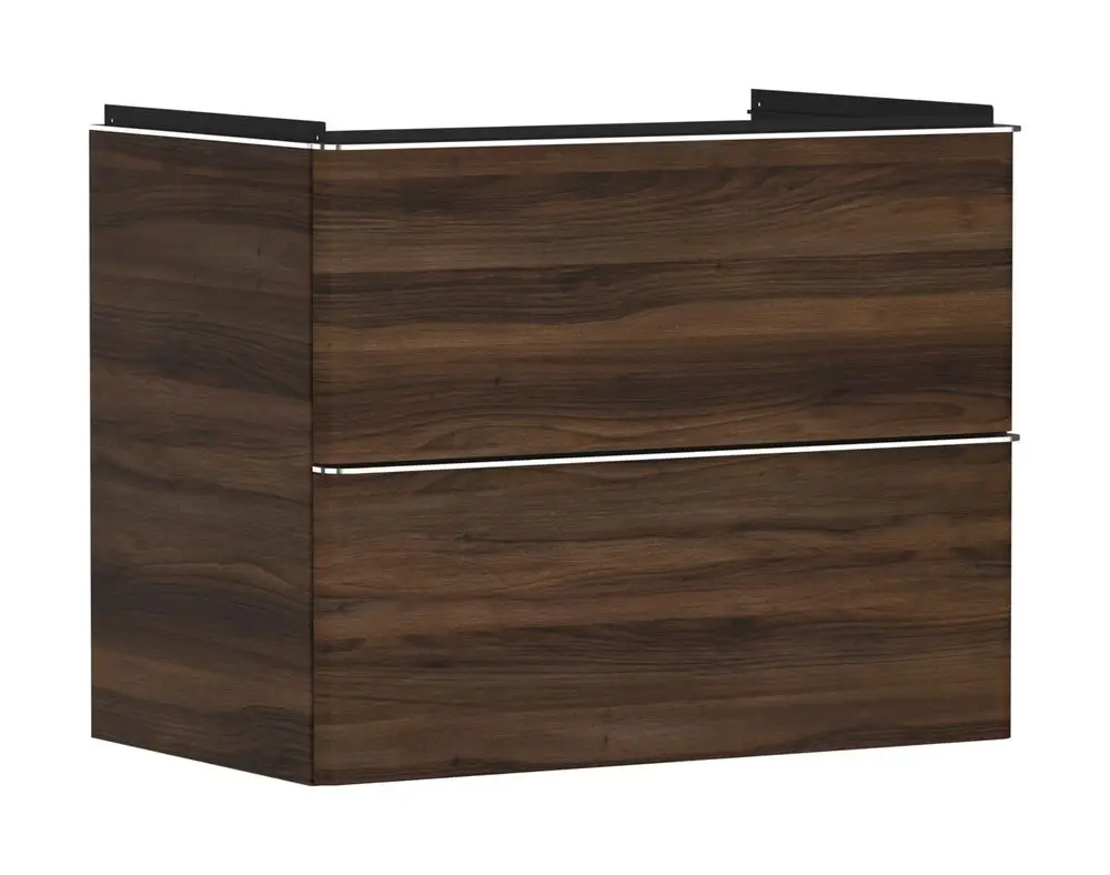 Dunkler Waschtischunterschrank mit zwei Schubkästen, konzipiert für einen Waschtisch, von der Marke Hansgrohe. Oberfläche mit Holzoptik.